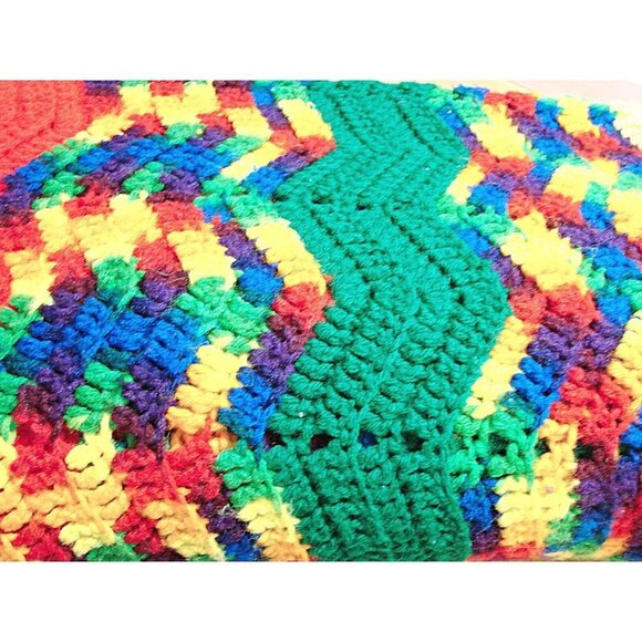 Vintage Handmade Rainbow Stripe Zig Zag Crochet Afghan Blanket Throw 76x46" - Picture 7 of 7